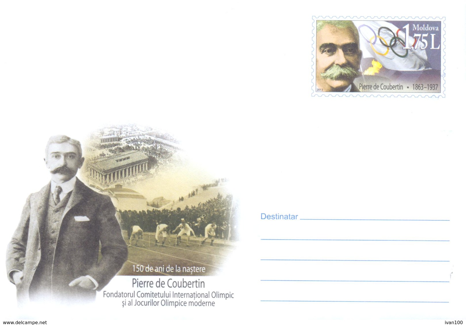 2013. Moldova, Prep. Env. "Pierre De Coubertin, The Founder Of IOC And Modern Olympic Games", Mint/** - Altri & Non Classificati