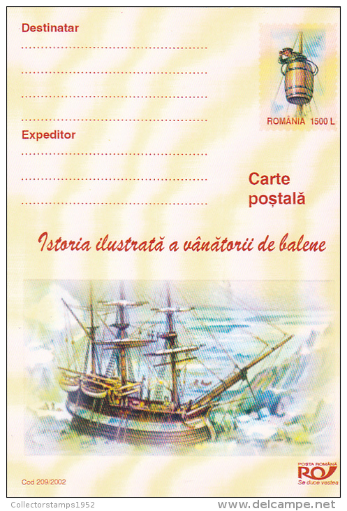 5380A, WHALES, FISHING BOAT, PAINTING,2002, POSTARD STATIONERY, UNUSED, ROMANIA - Baleines