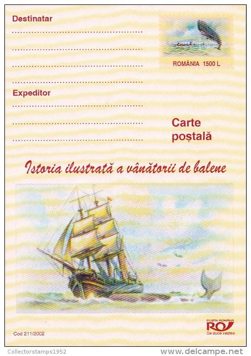 5381A, WHALES, FISHING BOAT WITH SALES, PAINTING, 2002, POSTARD STATIONERY, UNUSED, ROMANIA - Baleines