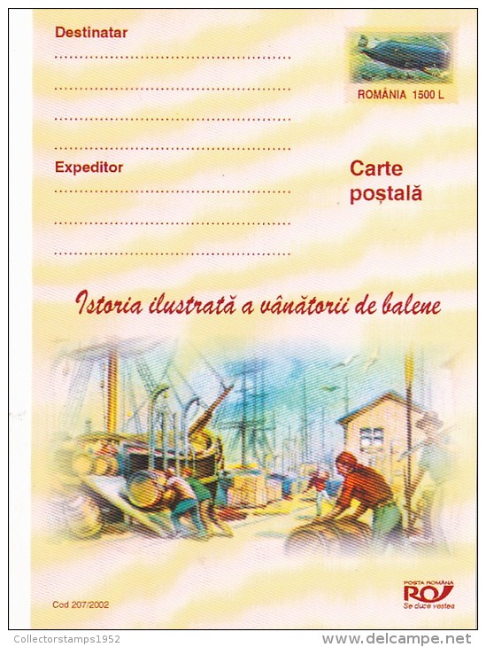 5384A, WHALES, WORKERS, FISHERMEN, BOAT, HARBOUR, PAINTING, 2002, POSTARD STATIONERY, UNUSED, ROMANIA - Baleines