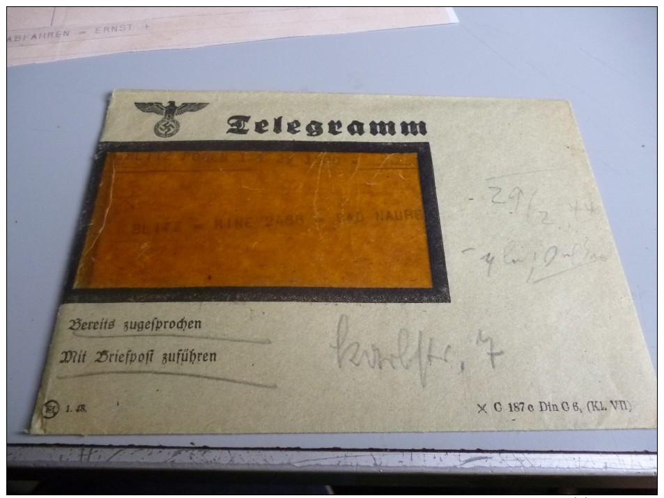 ENVELOPPE TELEGRAMME 3 EME REICH ALLEMAND AVEC SON TELEGRAMME - Documents