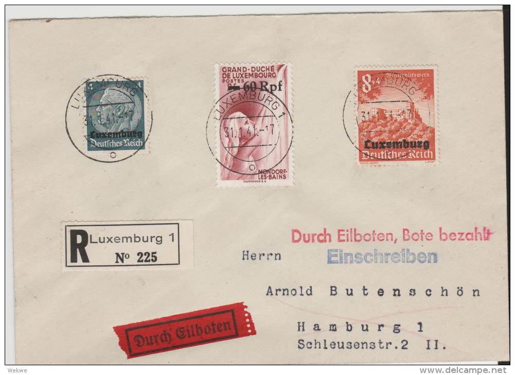 L133/ LUXEMBURG -  Mi.Nr. 2, 21, 30, Per Eilboten/Einschreiben Nach Hamburg. Interessante Rückseite - 1940-1944 German Occupation