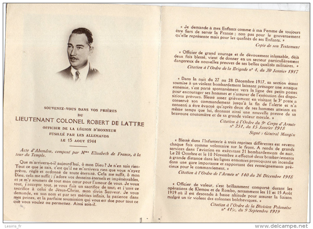 SOUVENEZ VOUS DANS VOS PRIERES DU LIEUTENANT COLONEL ROBERT DE LATTRE - FUSILLE PAR LES ALLEMANDS LE 15 AOUT 1944 - LA M - Imágenes Religiosas