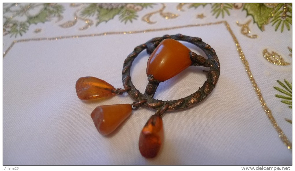 Art Deco Vintage Latvian USSR Jewelry Brooch With Baltic Amber Gemstone 1930s - 16 Gram - Spille