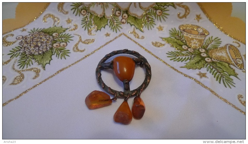 Art Deco Vintage Latvian USSR Jewelry Brooch With Baltic Amber Gemstone 1930s - 16 Gram - Broches