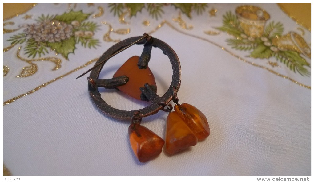 Art Deco Vintage Latvian USSR jewelry Brooch with Baltic Amber gemstone 1930s - 16 gram