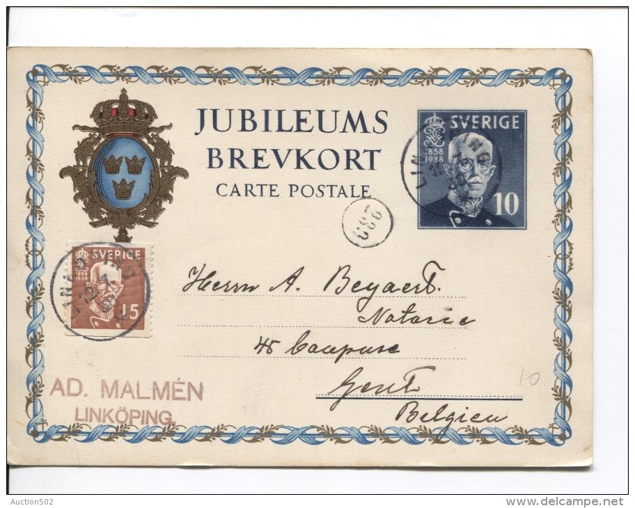 Sverige-Sweden-Suède PSC Jubileums Brevkort Linköping 1938 To Belgium PR1613 - Entiers Postaux