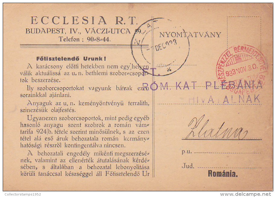 5407A, HUNGARY, BUDAPEST, ECCLESIA COMPANY, PRIVATE POST CARD, SEND TO ROMANIA, 1930, ROMANIA - Storia Postale