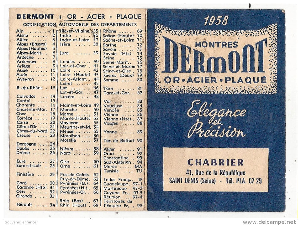 Calendrier 1958 Montres Dermont Chabrier 41 Rue De La République Saint Denis 93 Seine St - Kleinformat : 1921-40