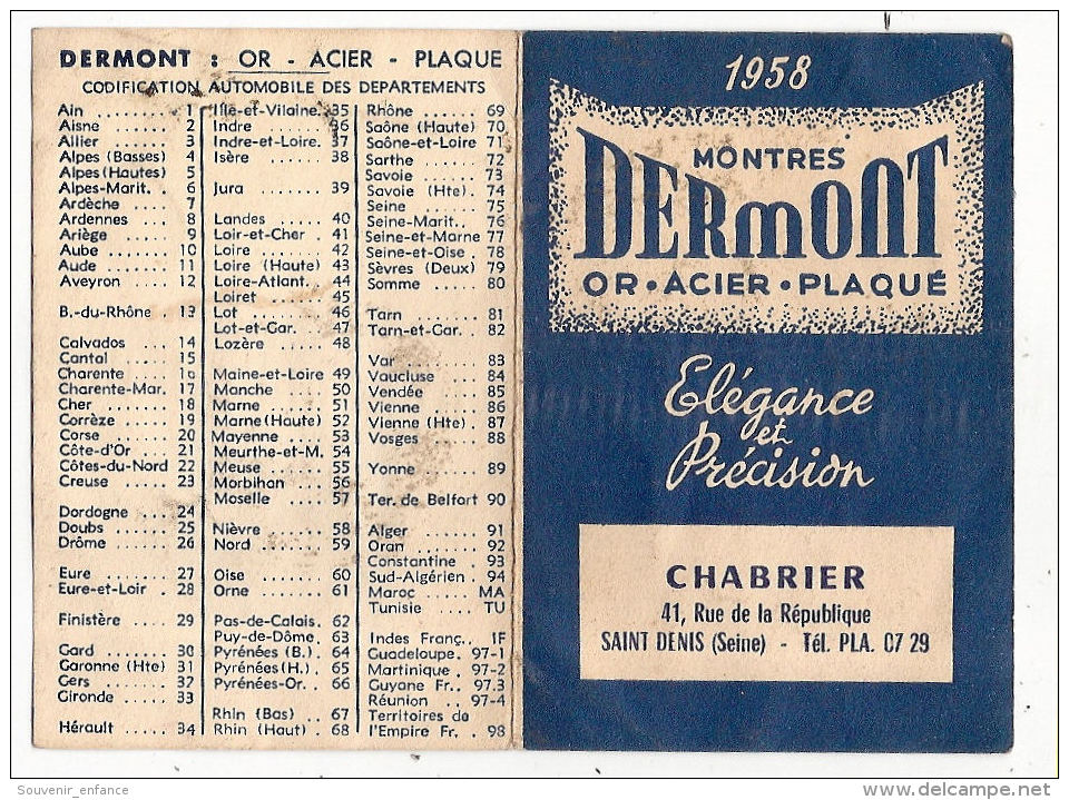 Calendrier 1958 Montres Dermont Chabrier 41 Rue De La République Saint Denis 93 Seine St - Petit Format : 1921-40