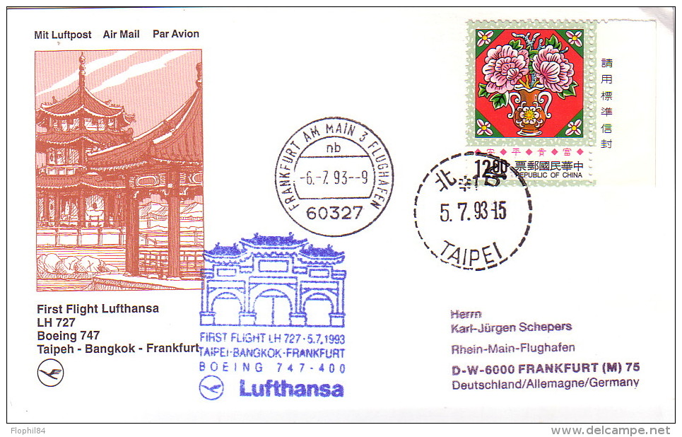 CHINE - TAIPEI - FRANKFURT - 1er VOL LUFTHANSA BOEING 747  TAIPEH-BANGKOK-FRANKFURT LE 6-7-1993. - Corréo Aéreo