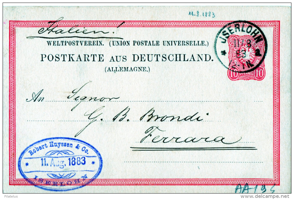 CARTOLINA POSTALE TEDESCA ANTICA-11-8-1883-JSERLOHN SPEDITA A FERRARA (ITALIA) - Briefe U. Dokumente