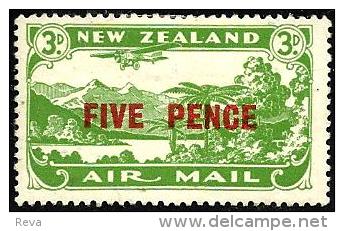NEW ZEALAND LANDSCAPE GREEN AIR MAIL OUT OF SET ? O/P 5 PENCE ON 3 P MLH 1930's SG551 READ DESCRIPTION !! - Nuevos