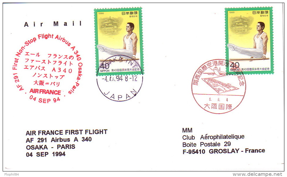 JAPON - OSAKA-PARIS 1er VOL AIR FRANCE AIRBUS A340 - LE 4 SEPTEMBRE 1994. - Corréo Aéreo