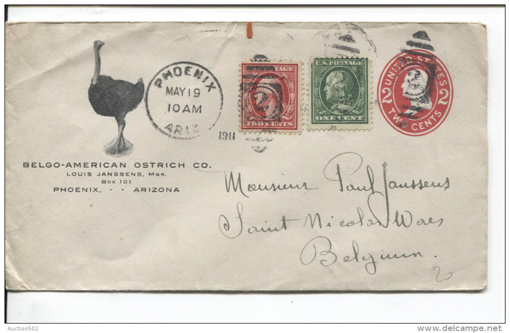 USA PSL Ostrich Co. Phoenix 1911 Duplex Canc. 2 + Phoenix To Belgium Arrival Canc.PR1622 - 1901-20