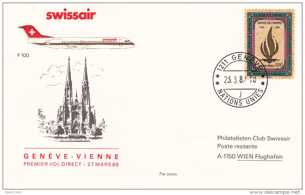 Erster Direktflug Premier Vol Direct Swissair GENEVE - VIENNE 1989 UNO Nations Unies (323) - Erst- U. Sonderflugbriefe