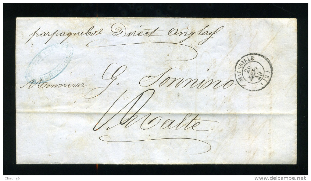 1849 Lettre De Marseille Pour Malte Avec Manuscrit "par Paquebot Direct Anglay" - 1849-1876: Période Classique