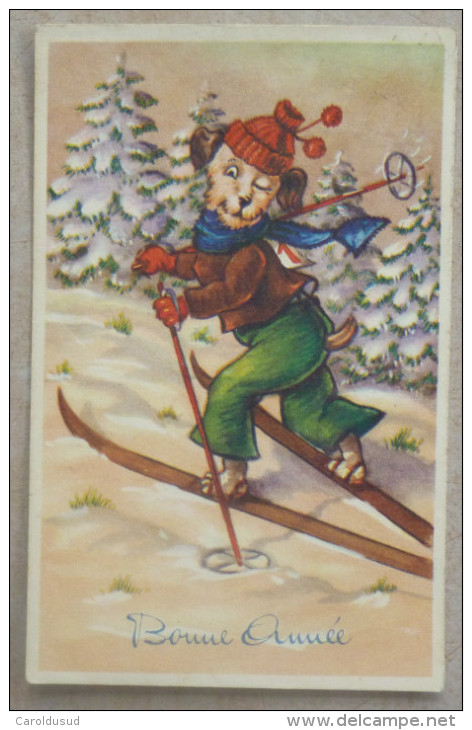 CPA Litho Illustrateur Coloprint Grand Chien Humanisé Faisant Ski Skis Clin Oeil  Voyagé  1951 - Dressed Animals