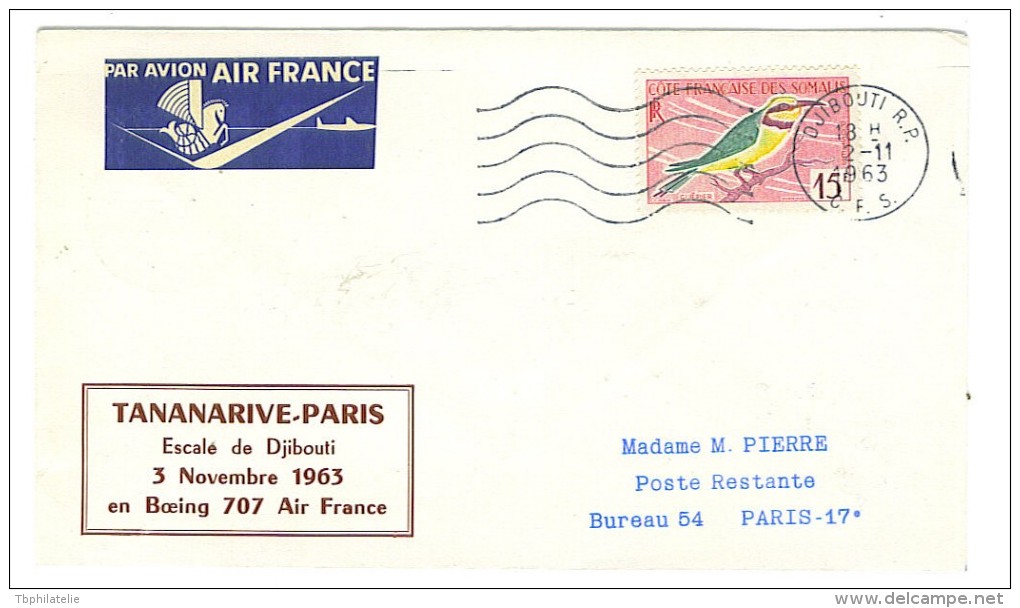 VEND LETTRE ESCALE DJIBOUTI , VOL TANANARIVE - PARIS , BOEING 707 AIR FRANCE , 3 / 11 / 1963 !!!! - Lettres & Documents