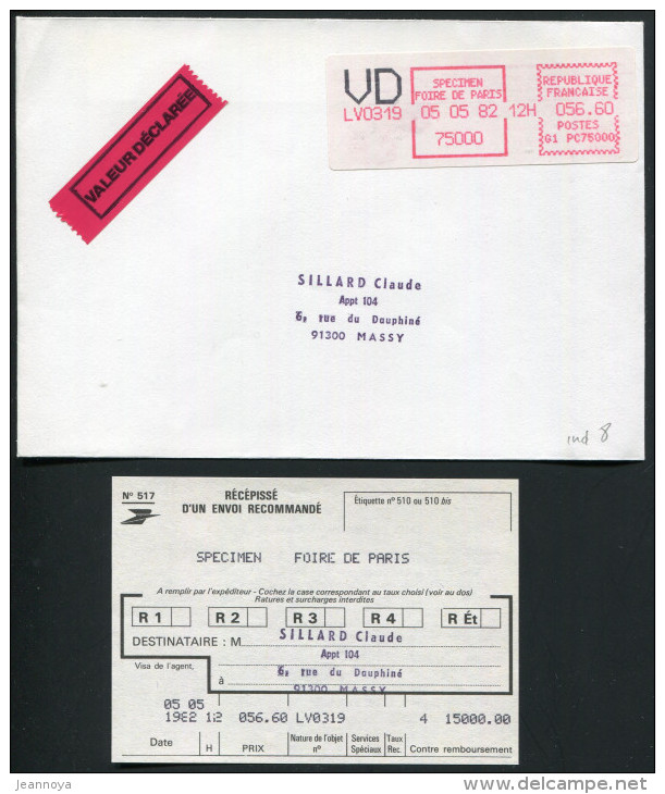 TIMBRES DE DISTRIBUTEURS - VIGNETTE SPECIMEN FOIRE DE PARIS LE 5/5/1982 SUR LETTRE VALEUR DECLARÉE DE 56,60F - LUXE - 1969 Montgeron – Wit Papier – Frama/Satas
