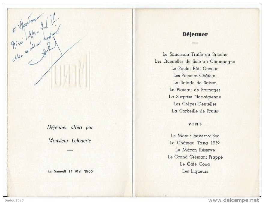 MENU  Du 11 Mai 1963 - Menus