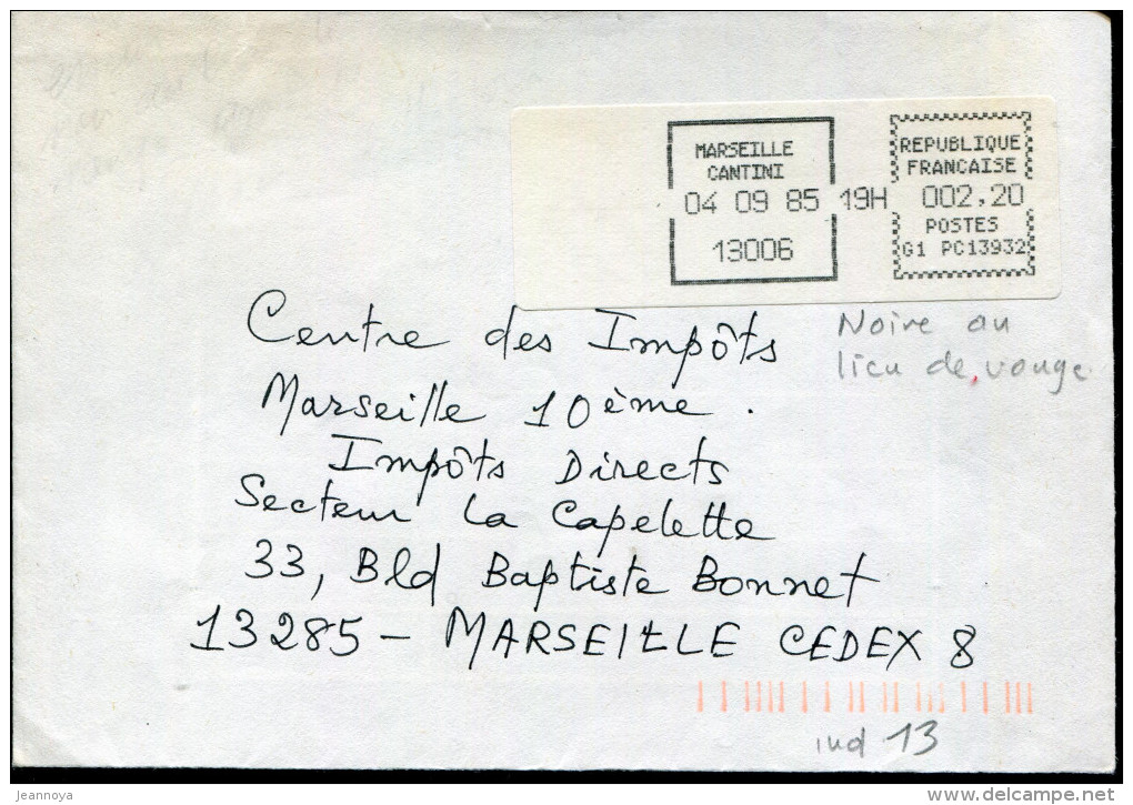 TIMBRES DE DISTRIBUTEURS - VIGNETTE MARSEILLE CANTINI LE 4/9/1985 COULEUR NOIRE AU LIEU DE ROUGE, SUR LETTRE 2,2F - TB - 1969 Montgeron – White Paper – Frama/Satas