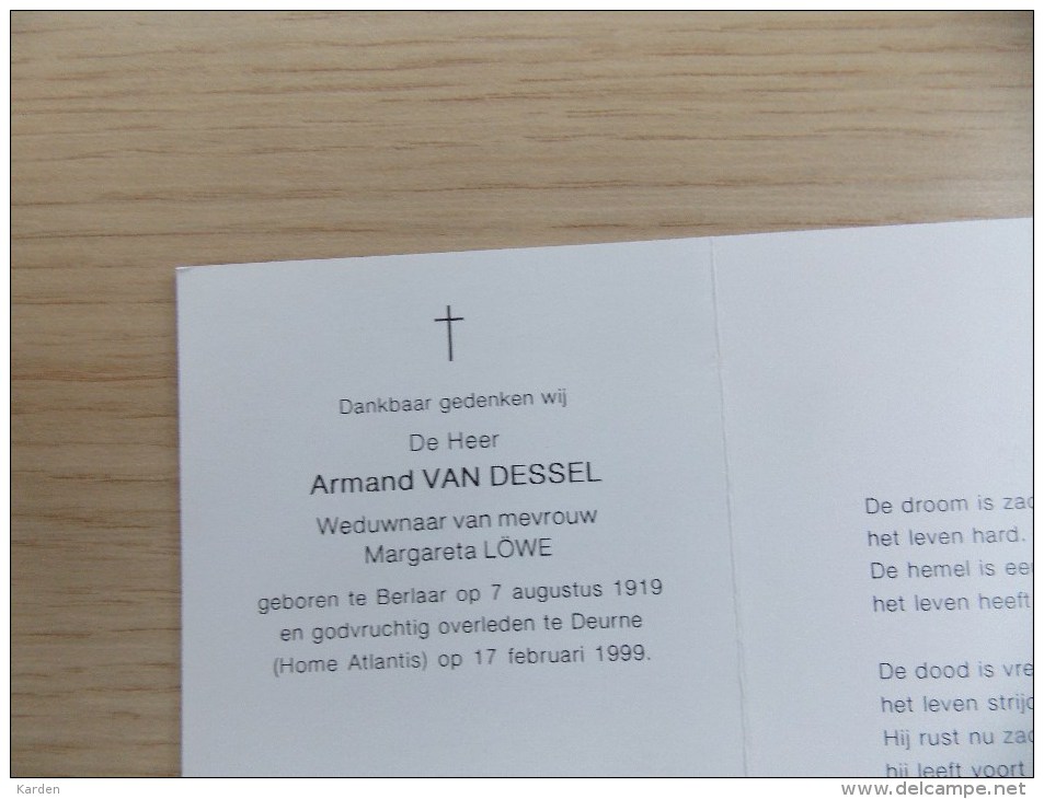 Doodsprentje Armand Van Dessel Berlaar 7/8/1919 Deurne 17/2/1999 ( Margareta Löwe ) - Religione & Esoterismo