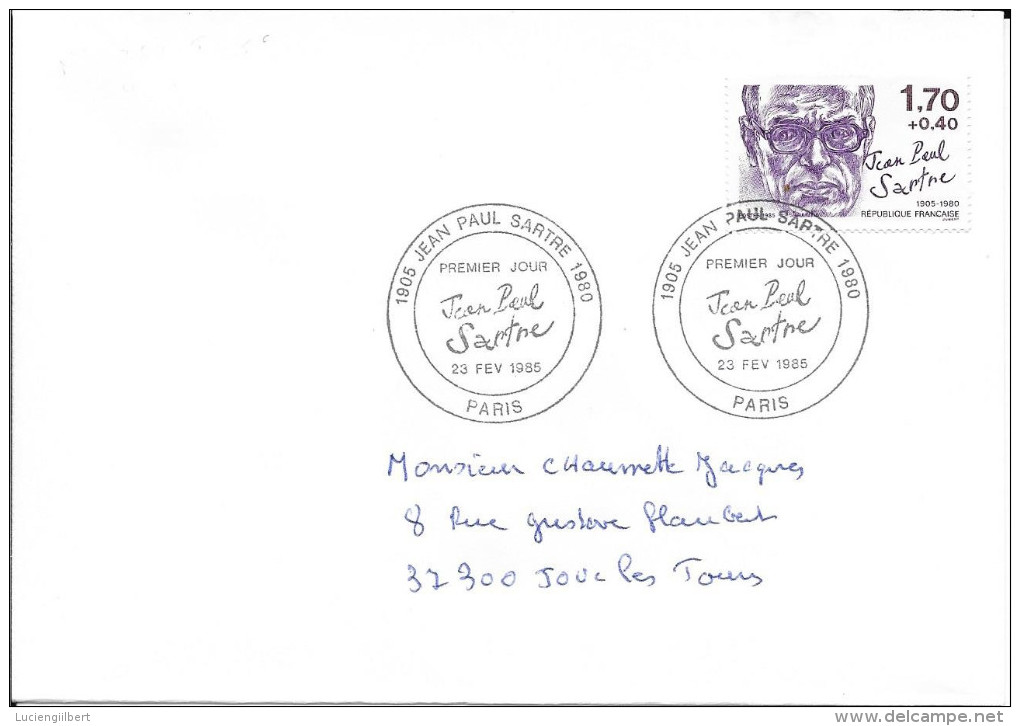 TIMBRE N° 2357 - IER JOUR D'EMISSION FRANCE  -  1985  -  JEAN PAUL SARTRE  -  PARIS - SEUL SUR LETTRE AU TARIF - 1980-1989