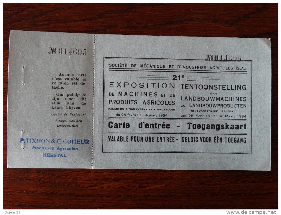 Carte D'entrée Pour L'exposition De Machines Agricoles En 1934 Au Palis Des Expositions De Bruxelles - Tickets - Entradas