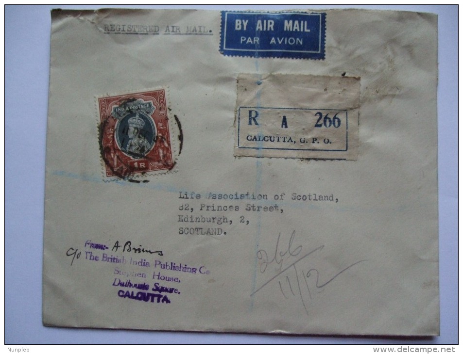 GEORGE VI REGISTERED CALCUTTA COVER AIR MAIL TO SCOTLAND - 1936-47 Roi Georges VI