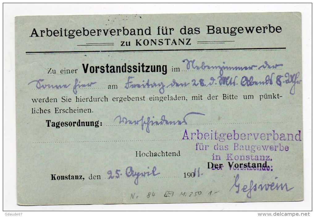 1911 - ENTIER GERMANIA De KONSTANZ Avec REPIQUAGE - Cartes Postales