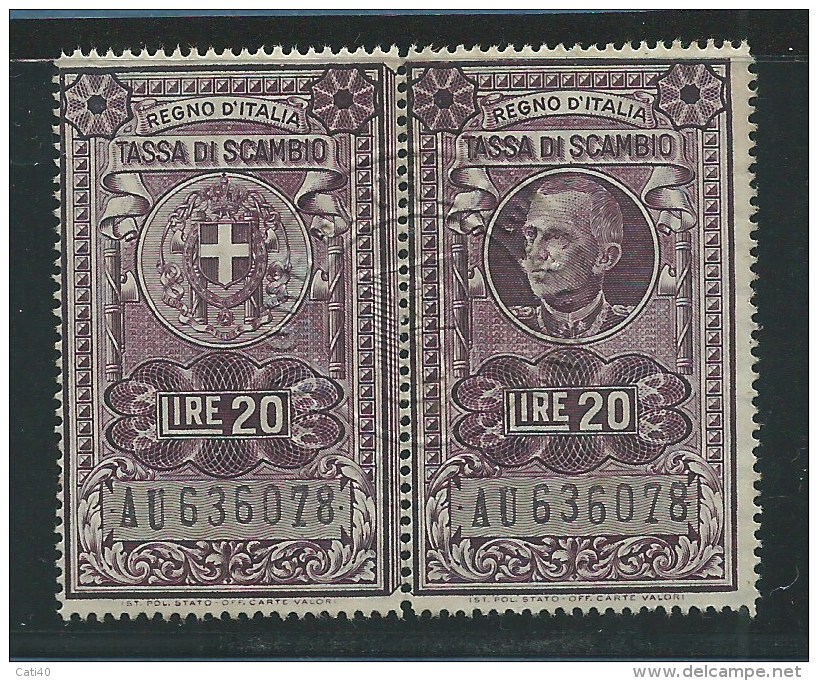 MARCA DA BOLLO  - TASSA DI SCAMBIO LIRE 20 - COPPIA - Revenue Stamps