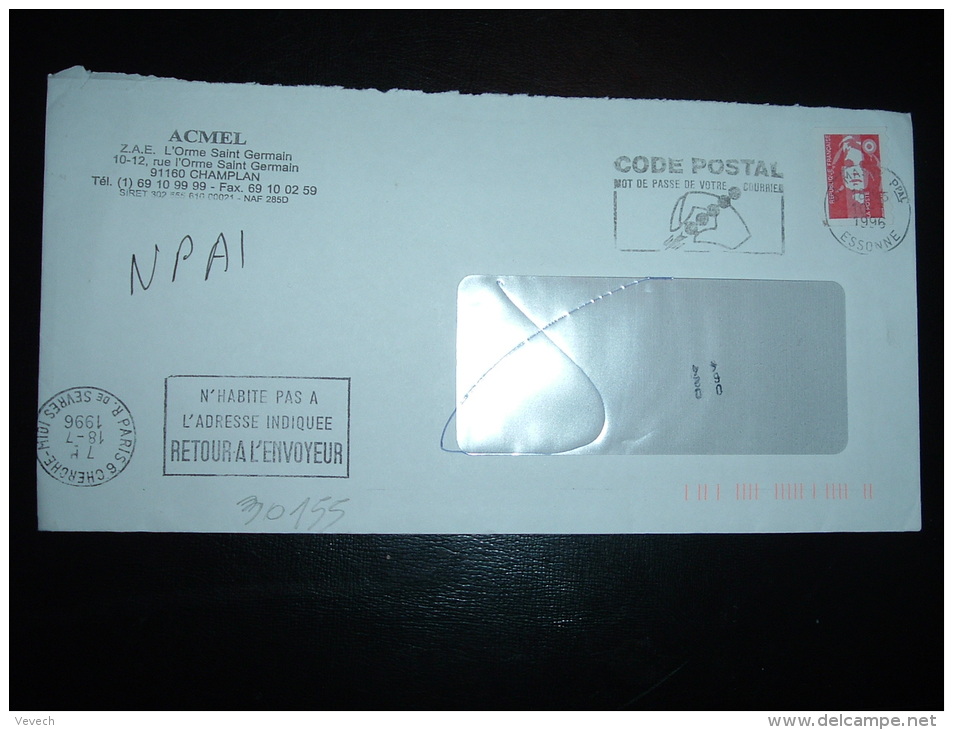 LETTRE TP BRIAT TVP ROUGE OBL.MEC.10-7-1996 MASSY PPAL (91) + OBL.MEC. PARIS 6 CHERCHE-MIDI RETOUR (75) + CACHET DE FACT - Other & Unclassified