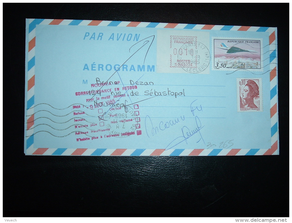 AEROGRAMME AVION 3,50 + VIGNETTE 0010 + LIBERTE 0,10 OBL.MEC. 1-8-1985 PARIS 147 (75) Pour NOUVELLE CALEDONIE + RETOUR - Other & Unclassified