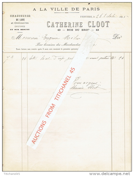 Facture 1895 VERVIERS -  CATHERINE CLOOT - "A LA VILLE DE PARIS " - Chaussures De Luxe & Ordinaires - Autres & Non Classés