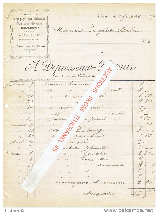 Facture 1895 VERVIERS - A. DEPRESSEUX-DUPUIS - Voitures De Remise Avec Ous Sans Chevaux, équipages Pour Cérémonies - Autres & Non Classés