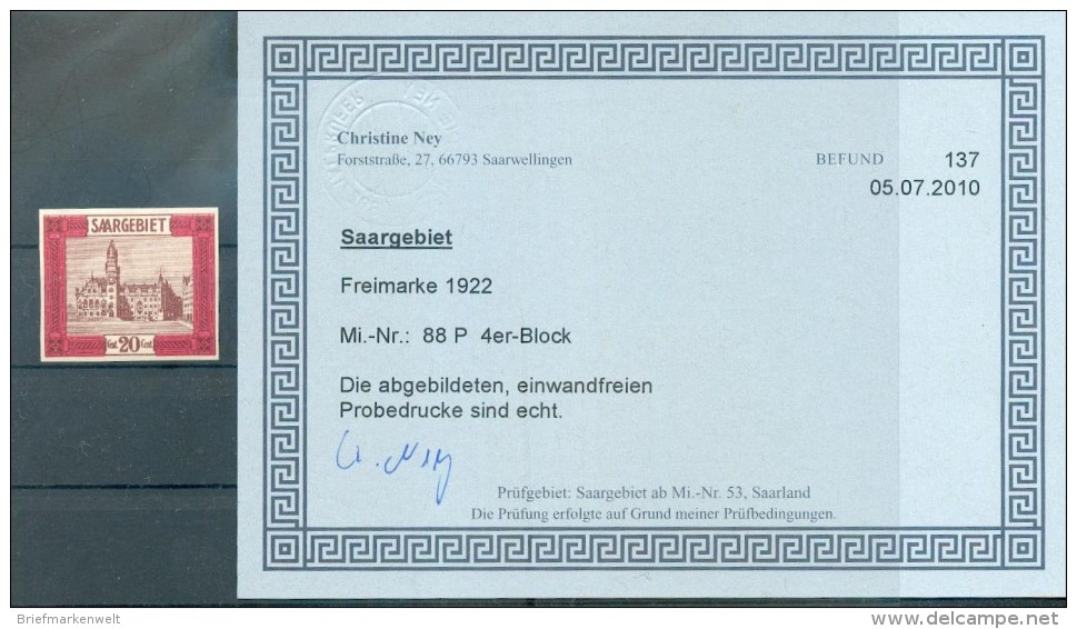 Saar 88P PROBEDRUCK ATTESTKOPIE Ex VB**POSTFRISCH (70547 - Unused Stamps