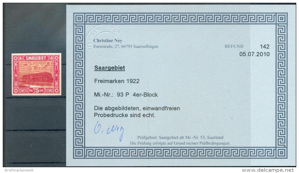 Saar 93P PROBEDRUCK ATTESTKOPIE Ex VB**POSTFRISCH (70550 - Unused Stamps