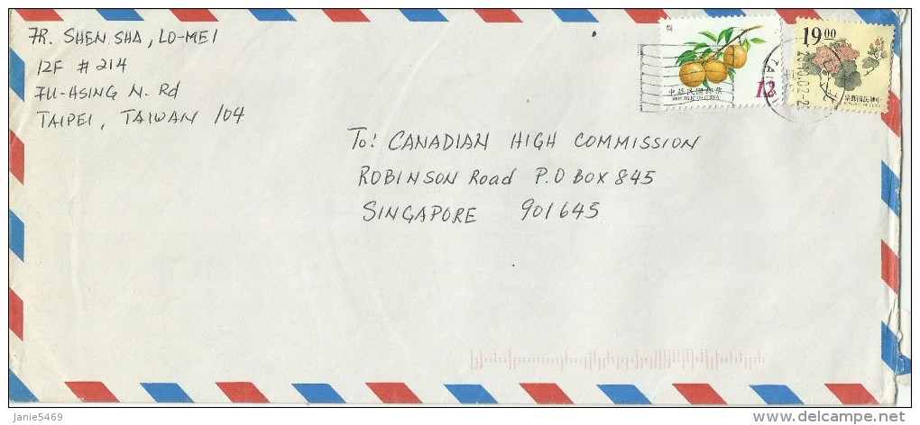 Republic Of China 2002 Cover Sent To Singapore - Gebruikt