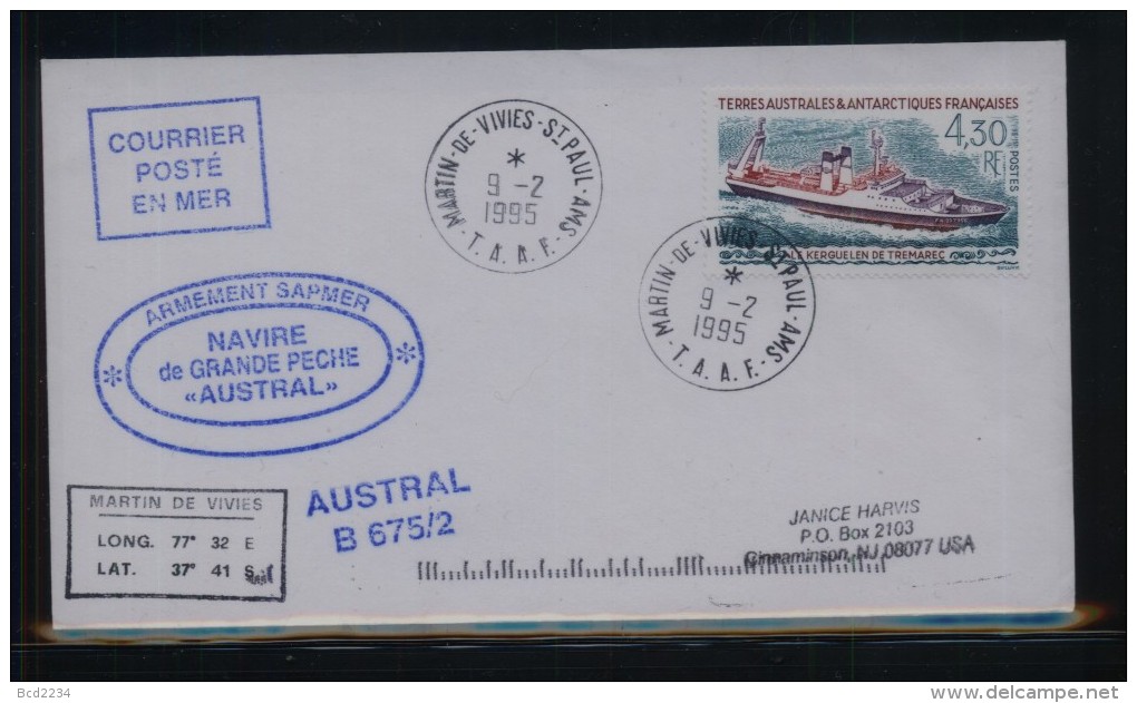 TAAF FRENCH SOUTHERN & ANTARCTIC LANDS 1995 NAVIRE DE GRANDE PECHE AUSTRAL SHIP COVER - Navires & Brise-glace
