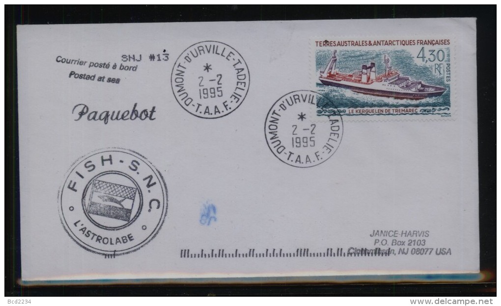 TAAF FRENCH SOUTHERN & ANTARCTIC LANDS 1995 FISH SNC L'ASTROLABE SHIP PAQUEBOT COVER - Polar Ships & Icebreakers