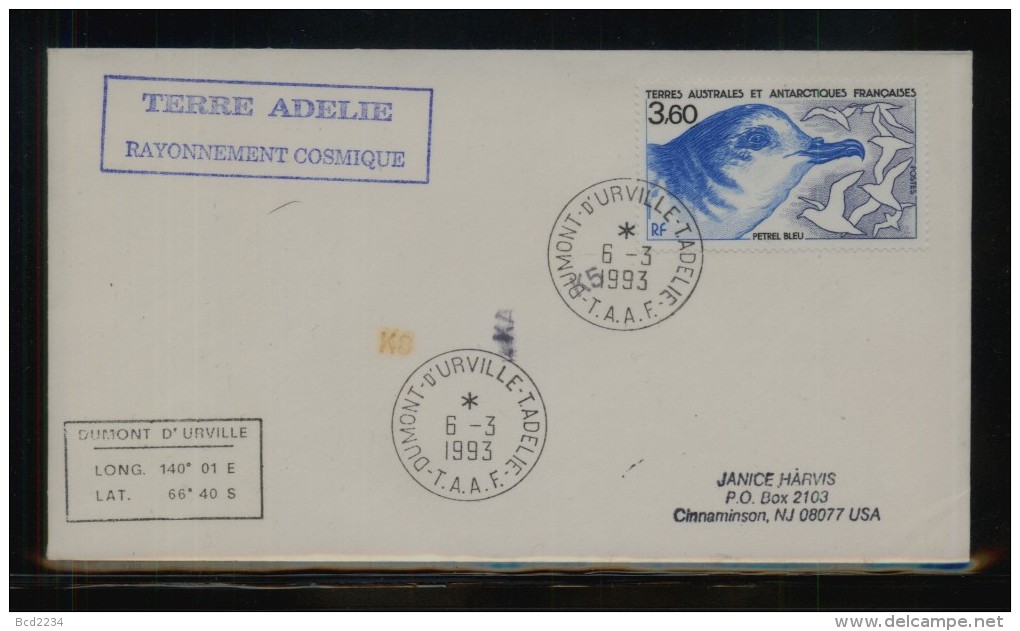 TAAF FRENCH SOUTHERN & ANTARCTIC LANDS 1993 TERRE ADELIE RAYONNEMENT COSMIQUE COVER Petrel Bleu Birds - Bases Antarctiques