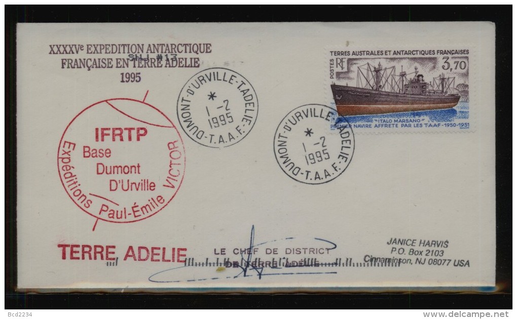 TAAF FRENCH SOUTHERN & ANTARCTIC LANDS 1995 XXXXV EXPEDITION BASE DUMONT D'URVILLE COVER - Onderzoeksstations