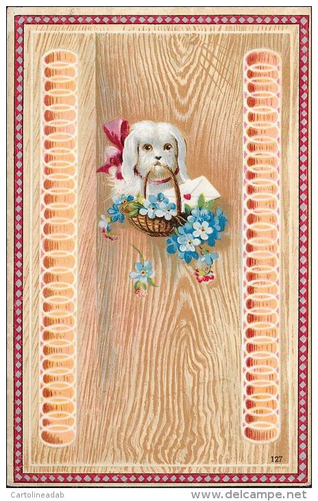 [DC5271] CARTOLINA - CANE CESTINO DI VIMINI CON BUSTA E FIORI - Non Viaggiata - Old Postcard - Cani