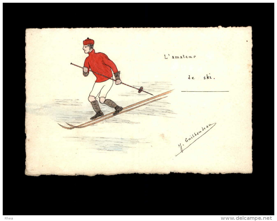 SPORTS - SKI - Carte Peinte à La Main Par GUILBAUDEAU - Fantaisies - Sports D'hiver