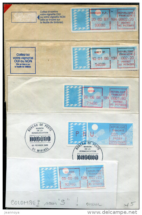 TIMBRES DE DISTRIBUTEURS - 7 VIGNETTES CARRIER DONT LR ET VARIÉTÉE COLOMBE SANS " S " SUR FRAGMENT - B/TB - 1985 Papier « Carrier »