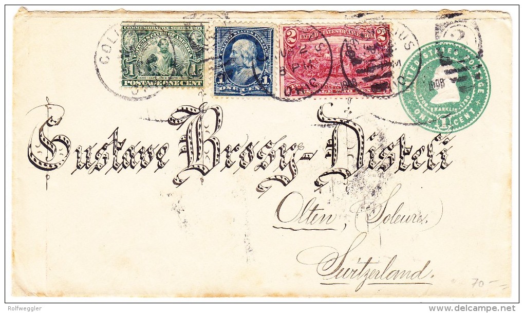 Ganzsache Mit Zusatzfrankatur Von Columbus Ohio 2.6.1908 Nach Olten Mit AK-Stempel - Lettres & Documents