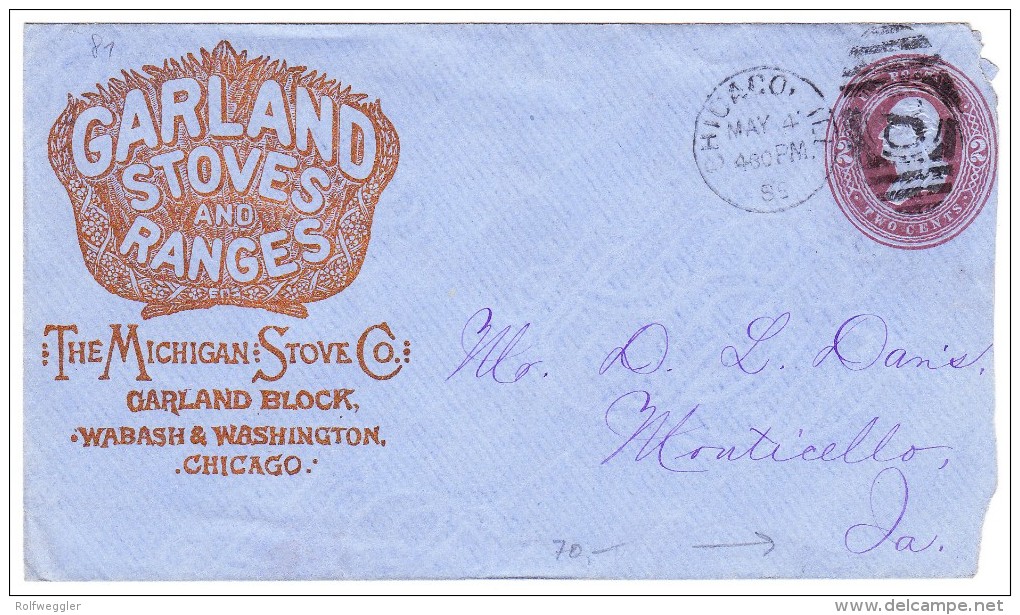 Illustrierte Ganzsache "Garland" Mit Plan Und Tram Auf Rückseite Ges. 4.5.1889 Chicago Nach Monticello - ...-1900