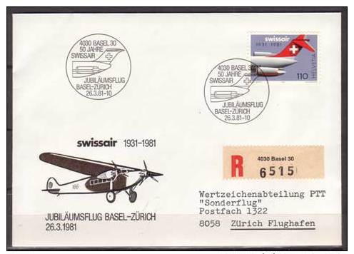 Schweiz , Brief , Jubiläumsflug Basel - Zürich , 1981 Swissair 1931 - 1981 , Mi. Nr. 1195 - Erst- U. Sonderflugbriefe