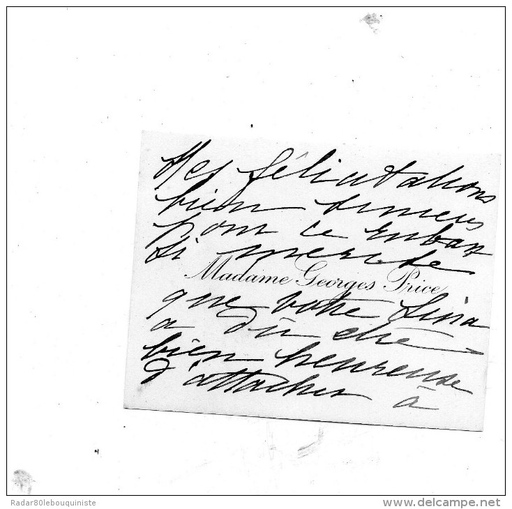 Madame Georges Price.Carton Autographe Signé  .envoi à Claude Gével. - Other & Unclassified